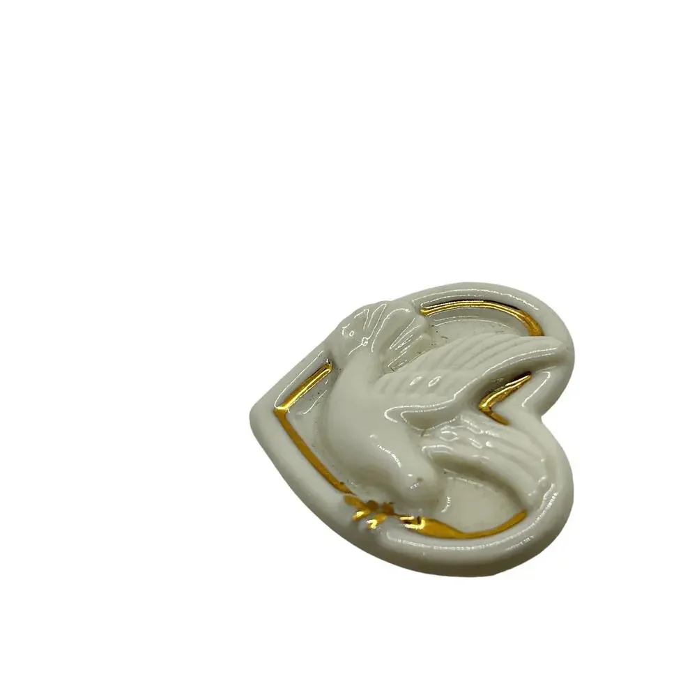 Lenox Peace Dove Porcelain Heart Cream Gold Noah's Ark Ceramic Brooch Pin Women
